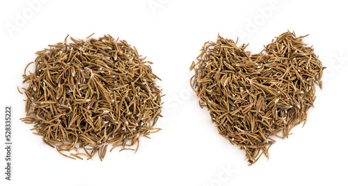 Dried rosemary arranged in circle and heart shape isolated on white background.top view.