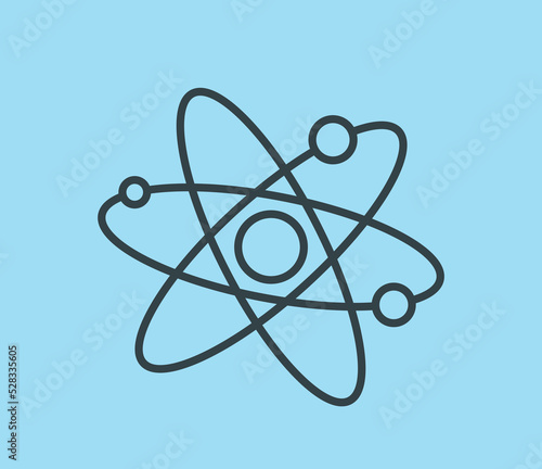 Minimalist atom diagram. Study of physics and interaction of particles. Metaphor of scientific experiments, proton and electron, movement of molecules in orbit. Cartoon flat vector illustration