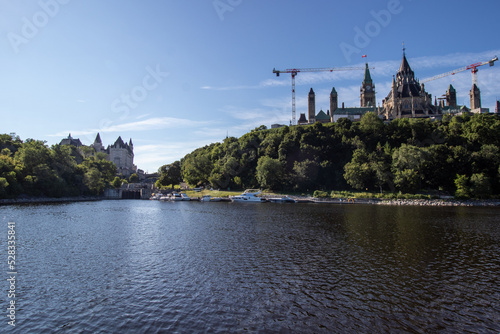 View of Parliament Hill and the flight locks on the Rideau Canal from the Ottawa River