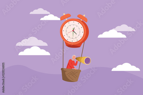 Character flat drawing Arab businesswoman, manager or employee ride hot air balloon alarm clock and looking forward with telescope. Time management business travel. Cartoon design vector illustration