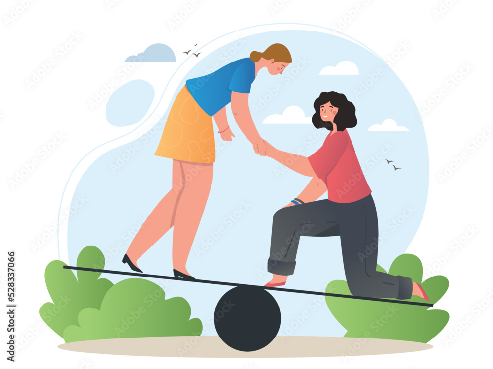 Concept of support. Woman gives her hand to girlfriend, metaphor for leadership and motivation. Chief and subordinate. Love and care, help. Tolerance and unity. Cartoon flat vector illustration
