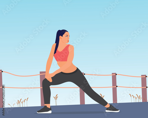 Young woman warming up before jogging. Healthy fitness concept vector illustration.