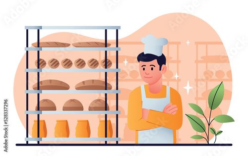 Man with bakery proucts. Character sells bread and loaves, flour products. Small business owner or salesman at checkout with merchandise. Showcase full goods. Cartoon flat vector illustration photo