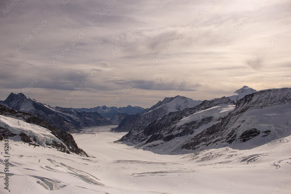 Morning view of Jungfraujoch, Switzerland. Copy space.