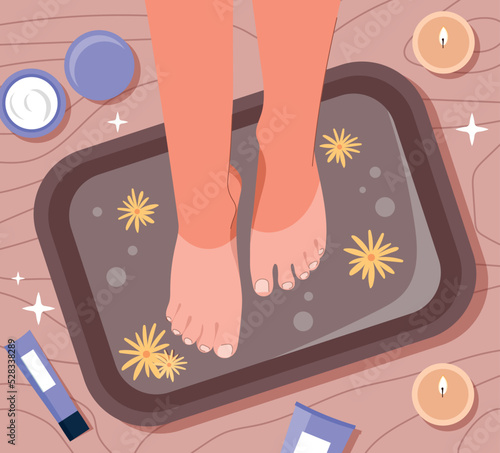 Feets in basin. SPA and beauty treatments, health and care. Youth and hygiene. Beautiful legs of woman in hot water, flowers and creams, cosmetic procedures. Cartoon flat vector illustration