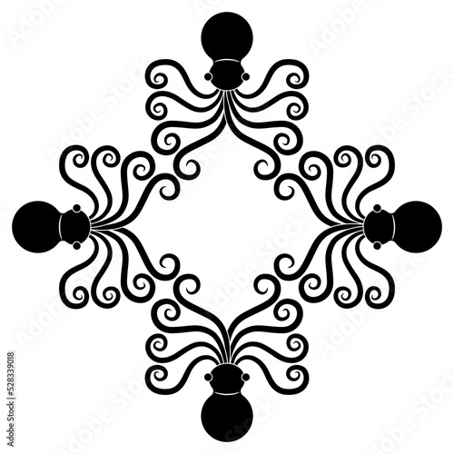 Rectangular animal frame with four stylized octopuses. Black and white silhouette. Ancient Greek style. 