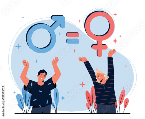 Gender equality concept. Happy man and woman next to their two signs and equality. Balance and tolerance, equal career opportunities, fight against discrimination. Cartoon flat vector illustration