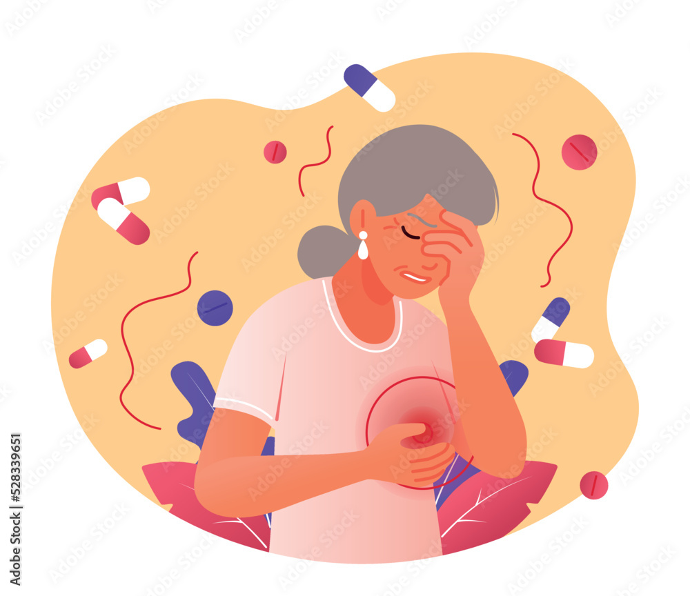 Heart attack symptoms. Elderly woman holds her hand to her chest. Health problems and cardiac disease. Medical poster or banner with grandmother, heart failure. Cartoon flat vector illustration Heart attack symptoms. Elderly woman holds her hand to her chest. Health problems and cardiac disease. Medical poster or banner with grandmother, heart failure. Cartoon flat vector illustration