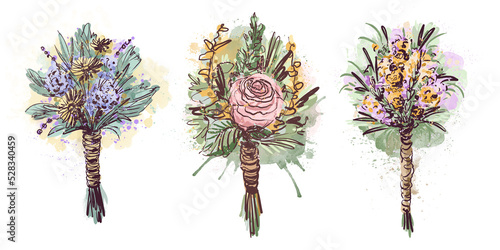 Fotobehang A boutonniere for the groom, a set of watercolor illustrations on a white background