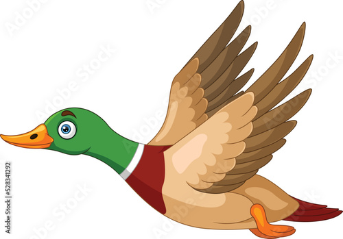 Cute duck cartoon flying on white background