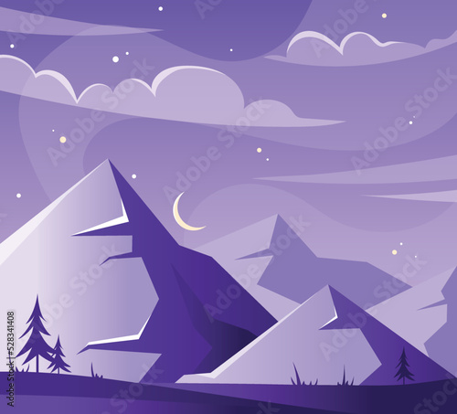 Mountains evening landscape. Stylish wallpaper for computer or smartphone, peaks at night. Moon and starry sky over big hills. Nature and outdoor, fantastic panorama. Cartoon flat vector illustration