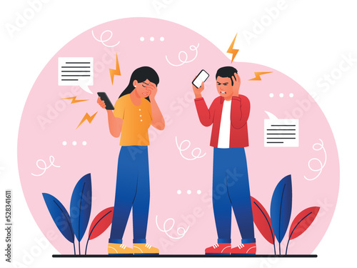 Sad people in smartphone. Man and woman communicate in social networks or messengers. Bad news and relationship problems. Couple angry at each other, family conflict. Cartoon flat vector illustration