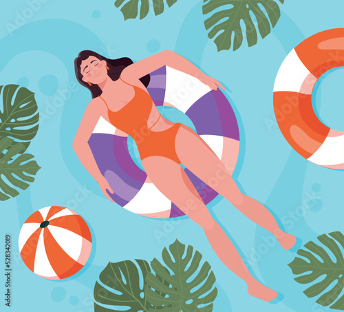 Woman relaxing in water. Girl in swimsuit on lifebuoy swims in pool. Caracter resting in hotel, tourist on vacation in tropical countries. Summer season, hot weather. Cartoon flat vector illustration