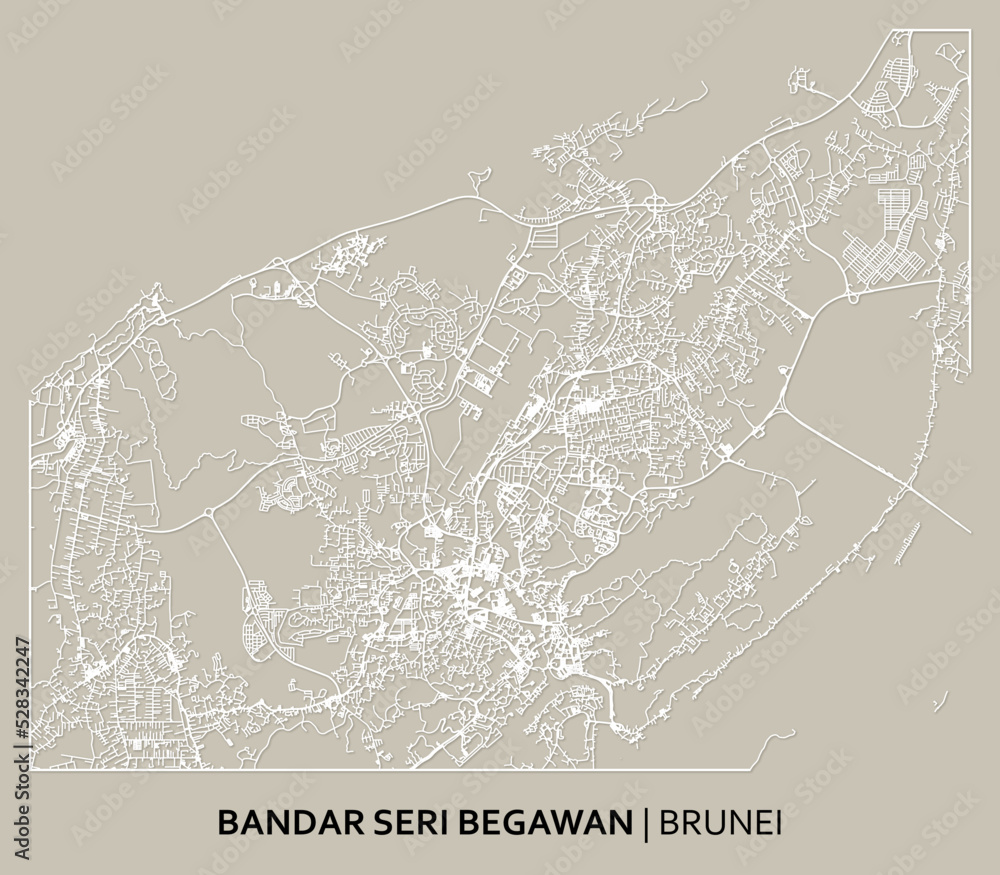 Bandar Seri Begawan (Brunei Darussalam) street map outline for poster, paper cutting.