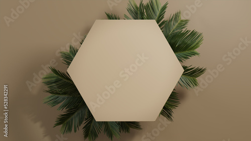 Hexagon Botanical Frame with Palm Plant Border. Beige, Natural Design for Product Display. photo