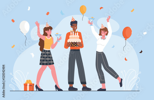 People celebrate birthday. Men and women with cake, boxes against backdrop of confetti and colorful flags. Event and party. Greeting or invitation postcard design. Cartoon flat vector illustration