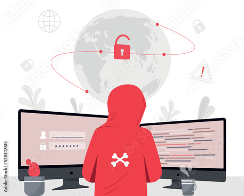 Cyber attack concept. Hacker at computer bypasses security system, steals money and personal data. Hacking account, selecting login and password. Internet scammer. Cartoon flat vector illustration
