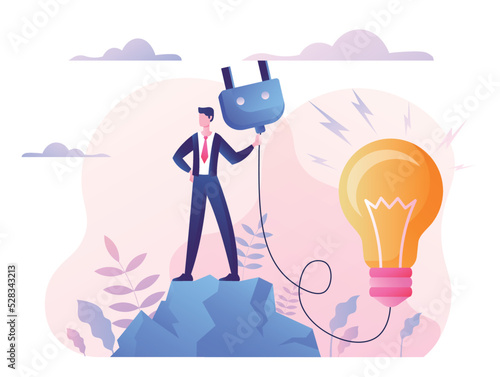 Lightbulb with plug. Businessman next to lamp, metaphor for coaching and insight. Search for ideas and brainstorming. Energy and power metaphor, business idea. Cartoon flat vector illustration