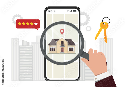 Estate search concept. Character evaluates value and investment attractiveness of house. Real estate deals, app for realtors. Financial literacy and investing. Cartoon flat vector illustration