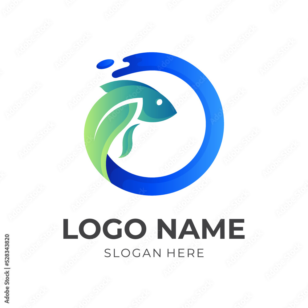 fresh fish logo template, fish, leaf and water combination logo with 3d blue and green color style