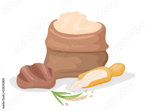 Flour in sack. Flour products and ingredients for preparation of bread, pie, cake and rolls. Harvest and milled wheat, farming. Natural, fresh and organic food. Cartoon flat vector illustration