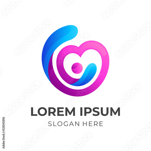 love people logo concept, love and people combination logo with 3d blue and pink color style