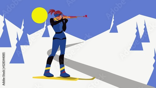 A biathlon player in the snow mountains photo