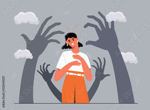 Inner fears concept. Frightened woman stands at background of large shadows of hands. Psychology and mental health. Fears and phobias. Paranoia and schizophrenia. Cartoon flat vector illustration