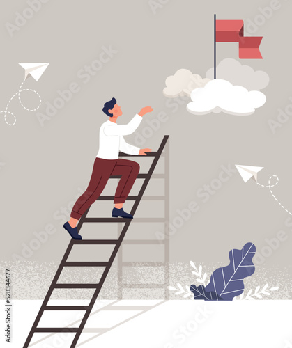 Personal goals concept. Man climbs stairs to red flag. Setting tasks, motivation and leadership, vision for future and self development. Successful entrepreneur. Cartoon flat vector illustration