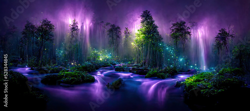 Fotografie, Tablou 3D illustration rendering of forest image illuminated at night by bioluminescence