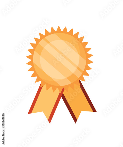 Gold medal with yellow ribbon. Congratulation of winner in competition. Prize in separate nomination, achievement. Luxurious award for best employee, musician. Cartoon flat vector illustration