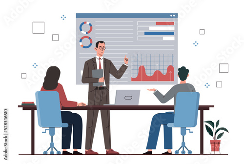 Business training concept. Men and women analyze graphs and charts, board meeting. Brainstorming and insight. Estimation of income and expenses, marketing research. Cartoon flat vector illustration