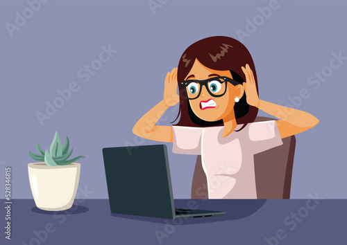 Stressed Desperate Woman Looking at Her Laptop Vector illustration. Unhappy frustrated freelancer working remotely from home
