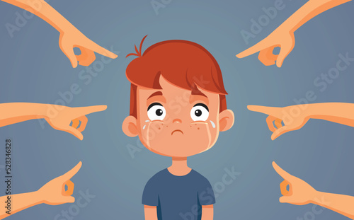 Crying Sad Little Boy Being Pointed out Vector Cartoon Illustration. Unhappy little child feeling emotional for being harassed 


