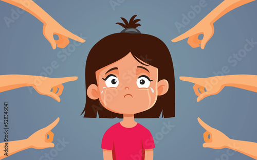 
Suffering Crying Girl Being Wrongfully Pointed Out Vector Illustration. Unhappy little kid feeling emotional for being bullied 
