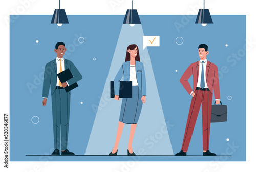 Hired employee concept. Comparison of candidates for vacancies. Woman stands in beam of light next to men. Talented worker. HR department selects newcomer to company. Cartoon flat vector illustration