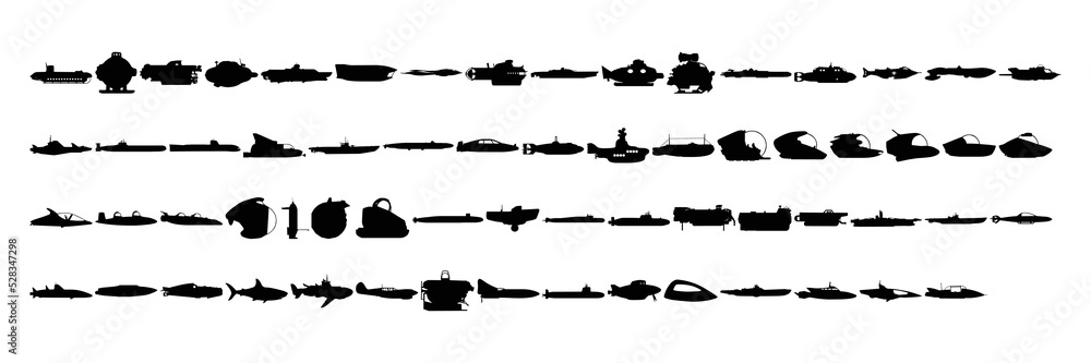 A collection of silhouettes of ships, boats, and other marine vehicles for icons on a white background
