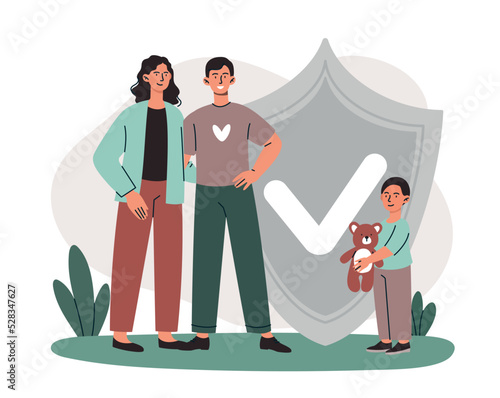 Social security concept. Man and woman hugging next to shield, young and happy family under protection of state. Insurance and guarantee. Metaphor of safety. Cartoon flat vector illustration