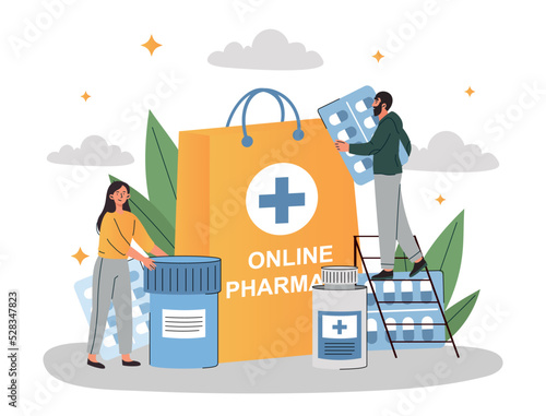 Ordering medicine concept. Man and woman next to pills. Pharmaceutics, chemistry and biology. Medical poster or banner. Health care, painkillers and antibiotics. Cartoon flat vector illustration