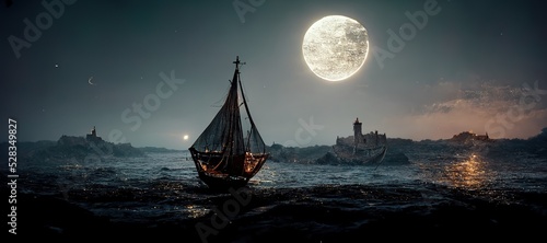 Photographie Spectacular digital art 3D illustration of a nighttime scene with a medieval fantasy sailboat, schooner sailing along the coast with docks and lighthouses, and a bright moon in the sky