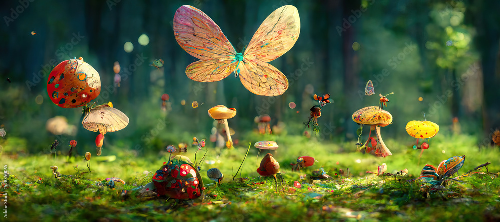 A beautiful enchanted forest with big fairytale trees and great vegetation. Digital Painting Background, Illustration. - obrazy, fototapety, plakaty 