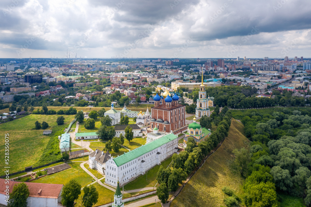 Aerial view of Ryazan Kremlin on summer day. Ryazan Oblast, Russia.