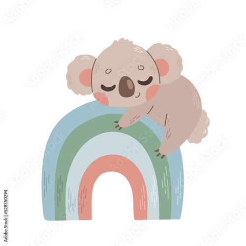 Cute little baby koala on rainbow kids vector