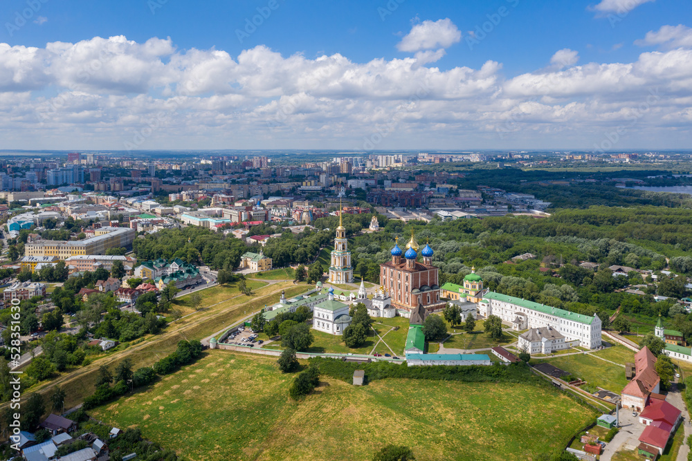 Aerial view of Ryazan town and Kremlin on sunny summer day. Ryazan Oblast, Russia.