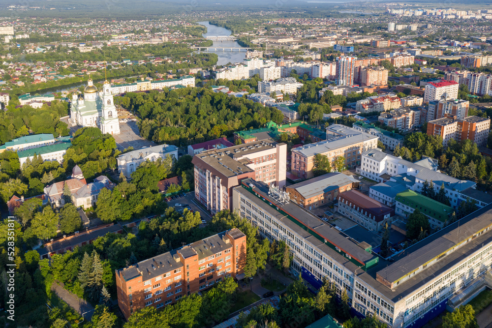 Aerial view of central part of Penza town on sunny summer day. Penza Oblast, Russia.