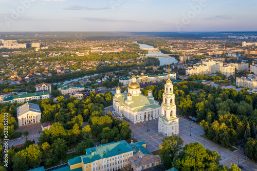 Aerial view of Penza town, Sobornaya square and Spassky cathedral on sunny summer evening. Penza Oblast, Russia. photo