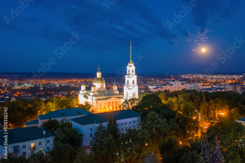 Aerial view of Penza town and Spassky cathedral on summer night. Penza Oblast, Russia.
