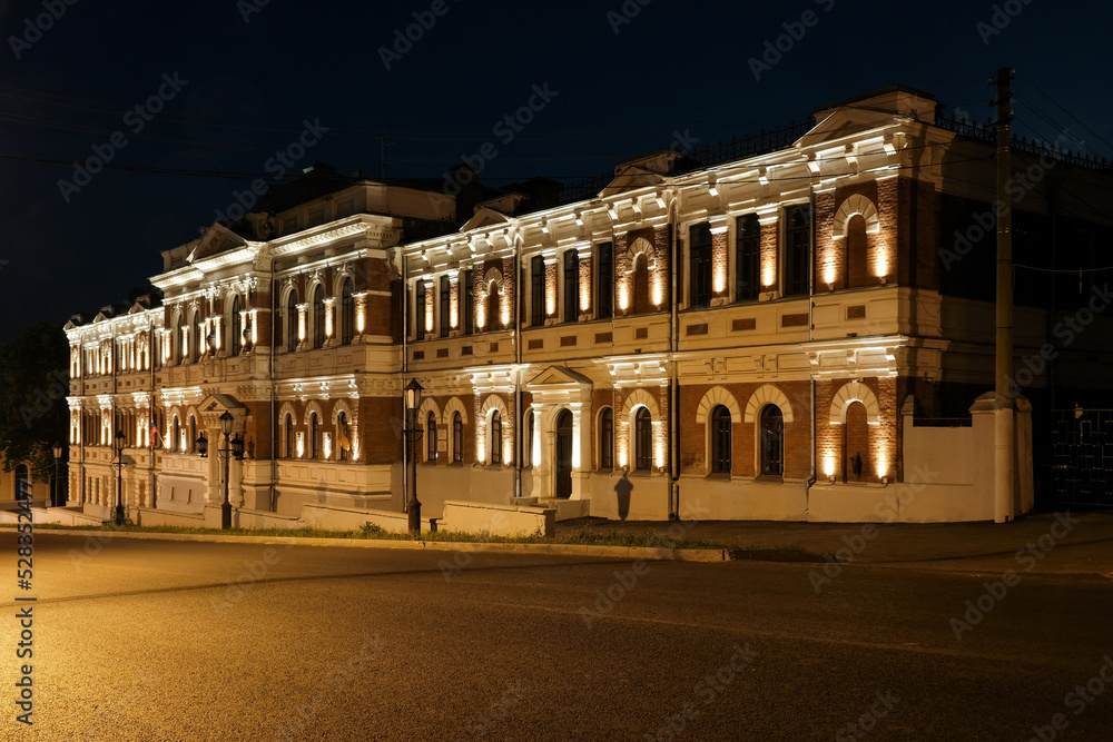 Penza, Russia - July, 2022: Attractions of the town. View of Savitsky Art College at night.
