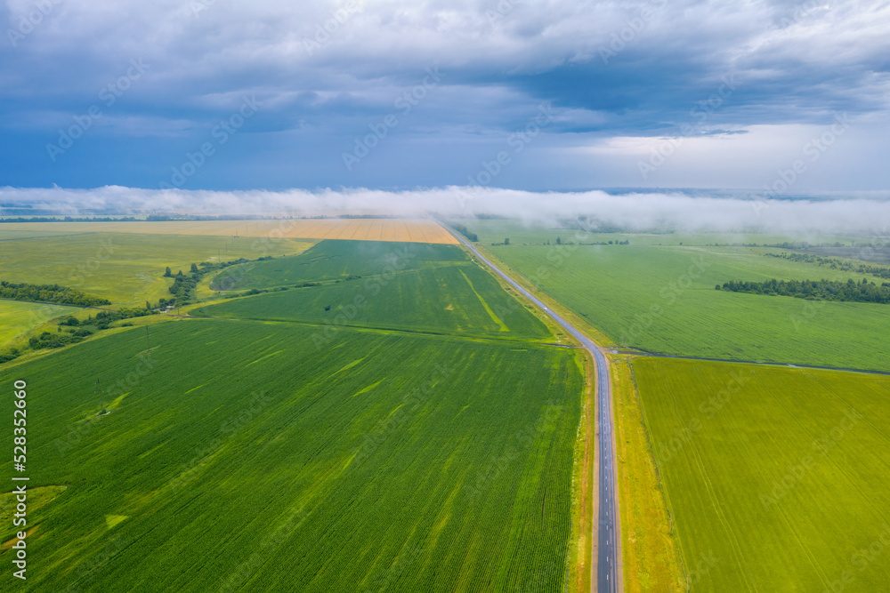 Rural landscape. Aerial view of fields on rainy summer day. Penza Oblast, Russia.