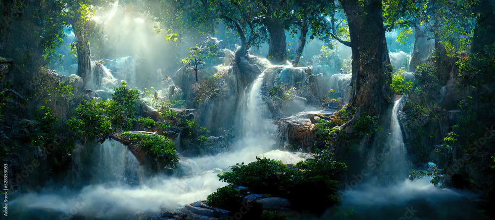 A beautiful enchanted forest with big fairytale trees, waterfall and great vegetation. Digital Painting Background, Illustration. - obrazy, fototapety, plakaty 
